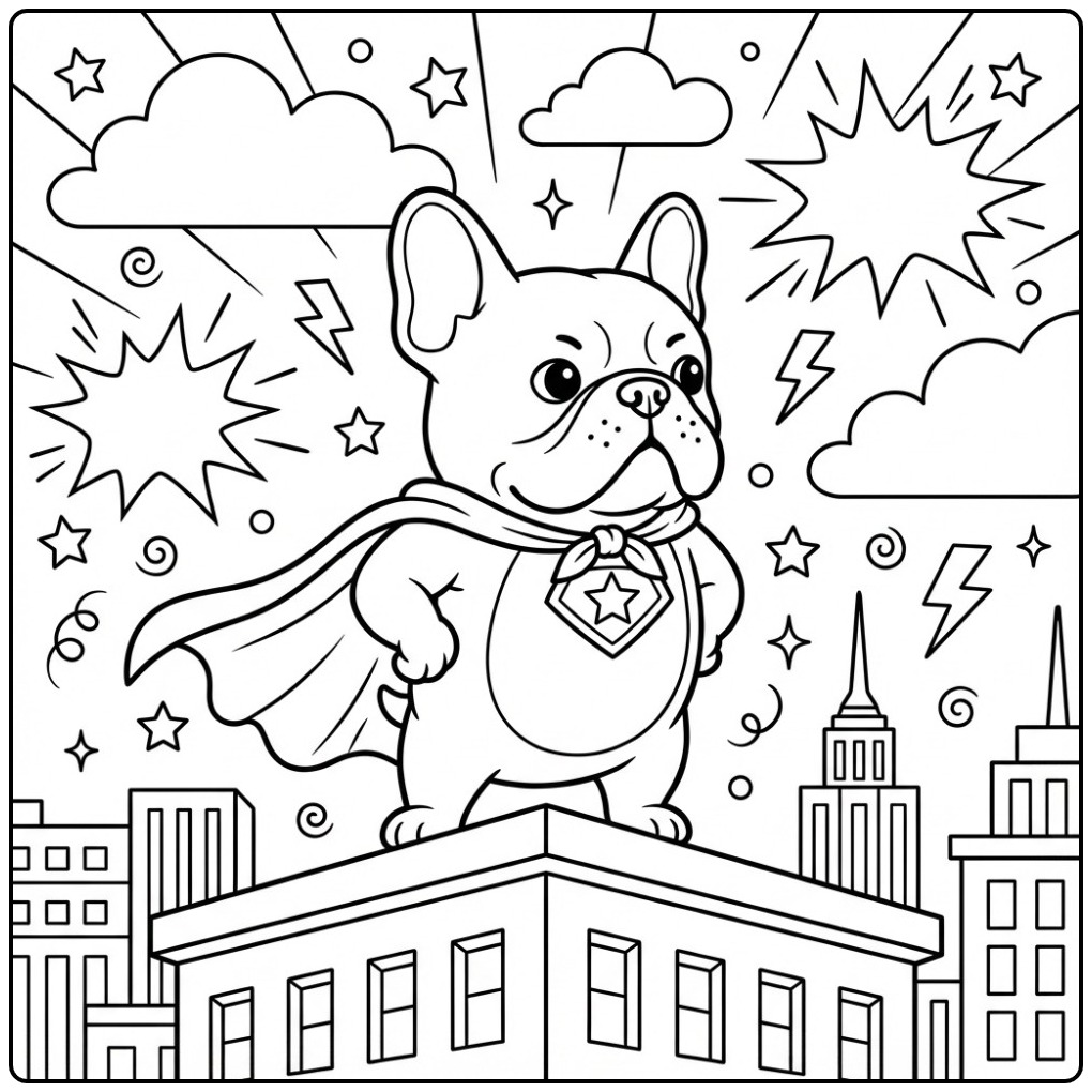 Superheld hond kleurplaat franse bulldog waakt over de stad.