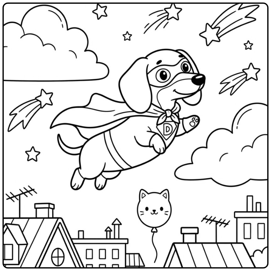 Een vliegende superheld op deze kleurplaat teckel met een cape.