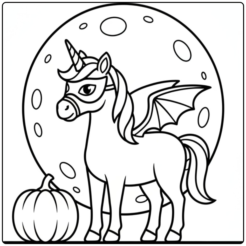 Een leuke unicorn halloween kleurplaat met een pompoen en maan.