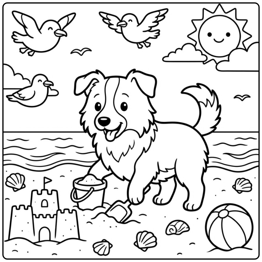 Een vrolijke kleurplaat border collie bouwt een zandkasteel.