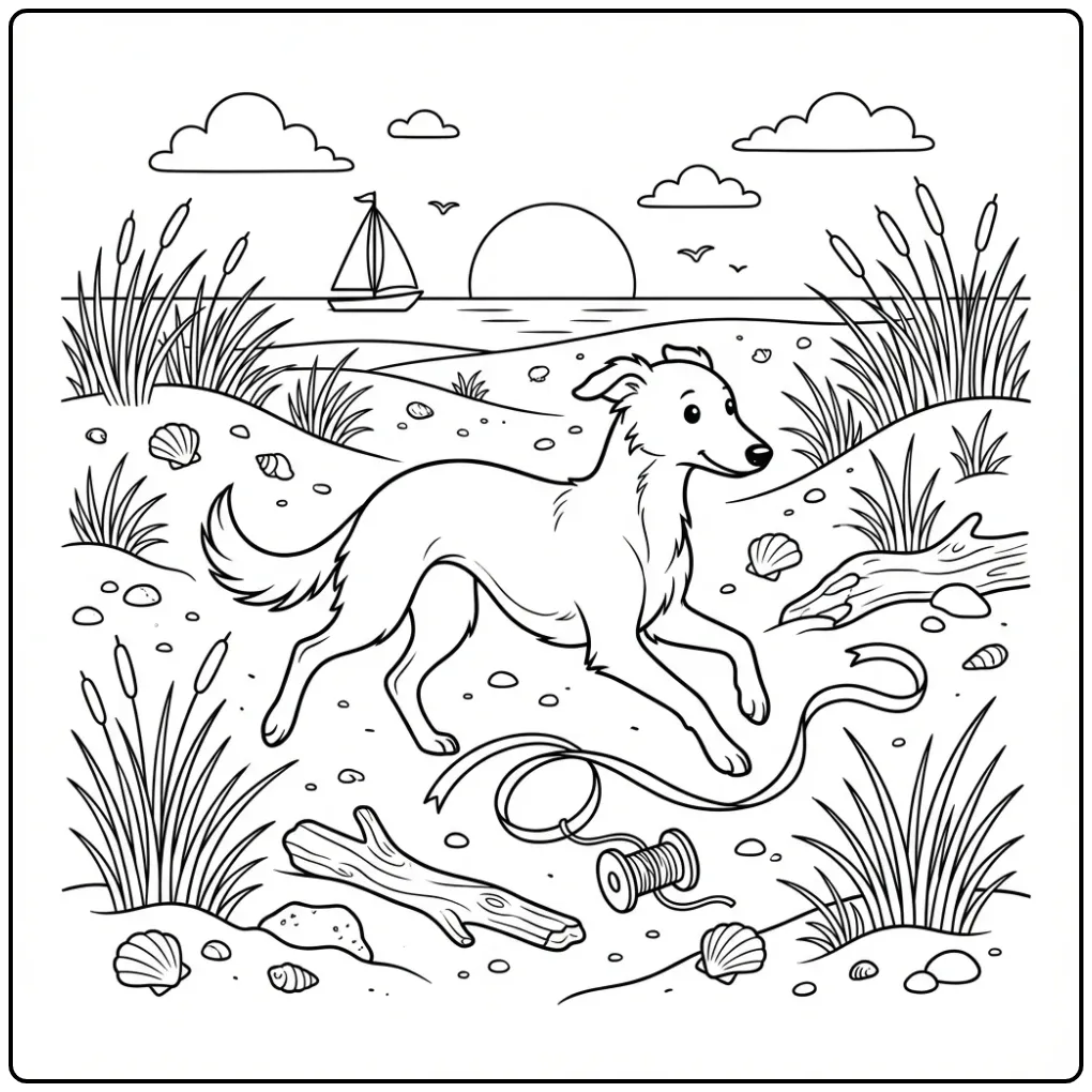 Friese windhond in de duinen, kleurplaat hond volwassenen.