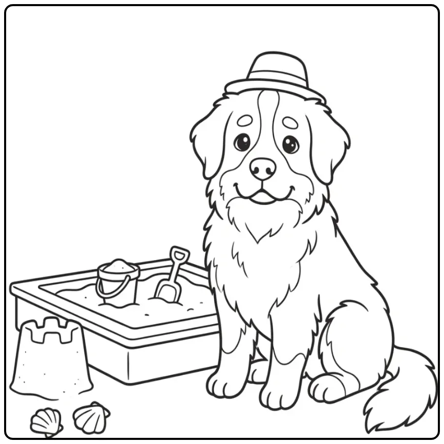 Lieve Berner Sennen naast een zandkasteel kleurplaat hond makkelijk.