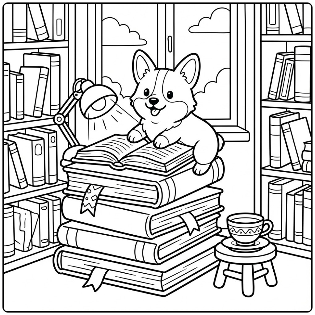Een schattige corgi kleurplaat in een bibliotheek vol boeken.