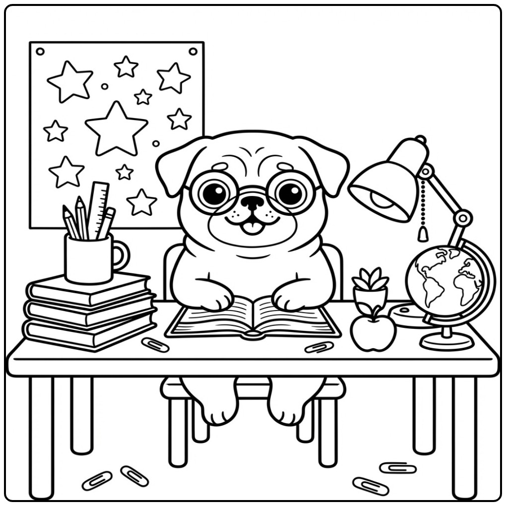 Een slimme mopshond met een bril aan een bureau, kleurplaat mopshond.