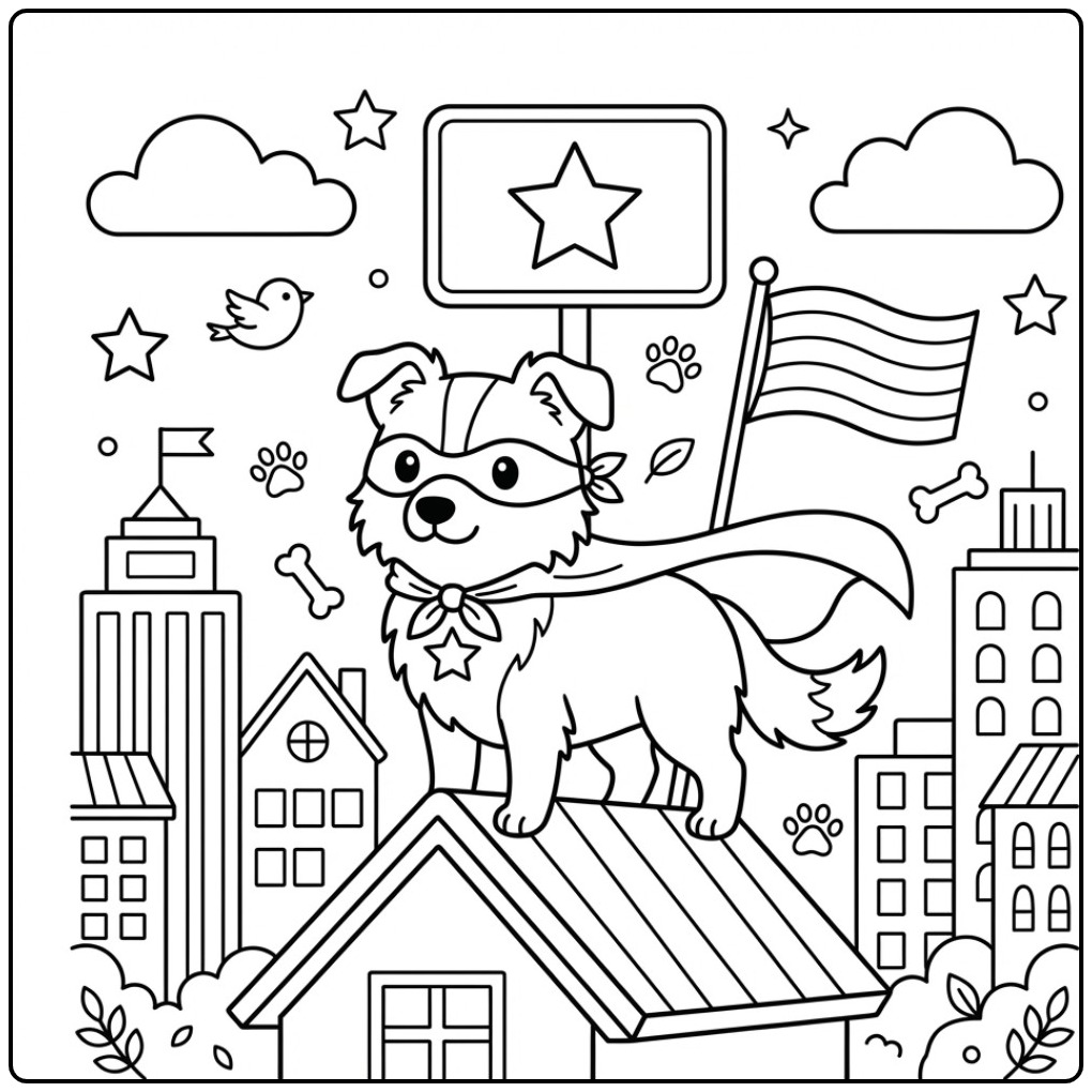 Een heldhaftige kleurplaat border collie met cape en masker.