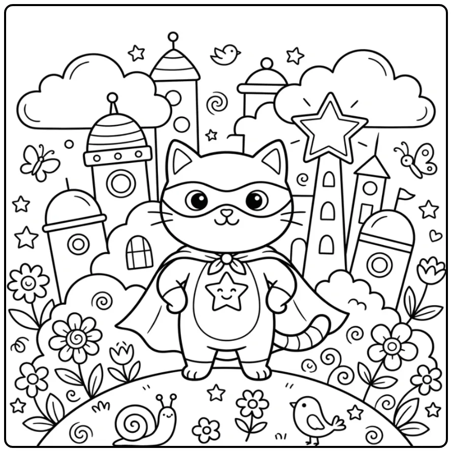 Een leuke kleurplaat kat makkelijk als superheld met cape.