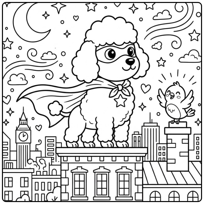 Schattige kleurplaat poedel als een superheld in de stad.