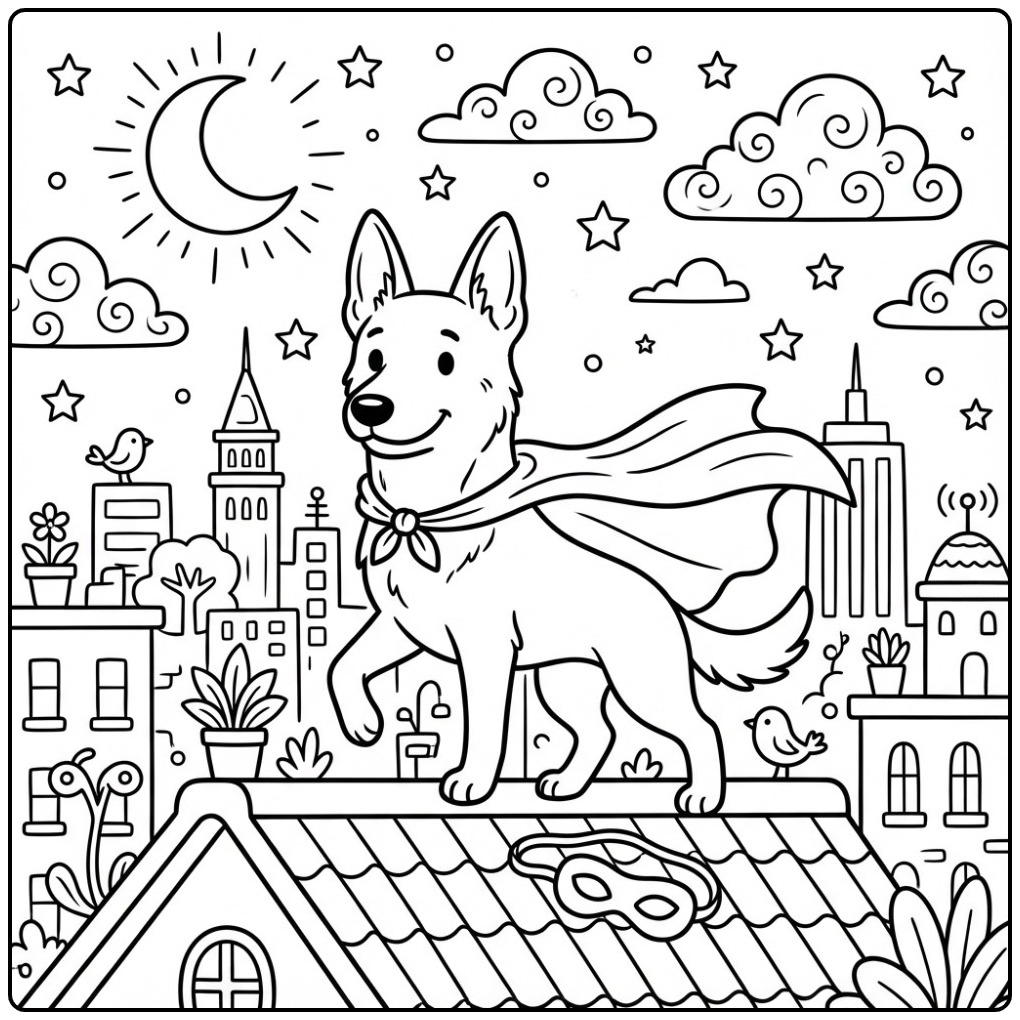 Leuke kleurplaat mechelse herder als superheld op een dak.