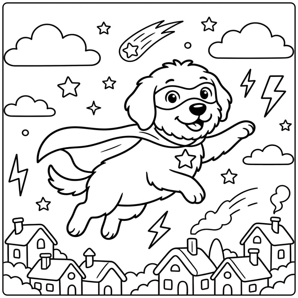 Een dappere superheld kleurplaat labradoodle vliegt door de lucht.
