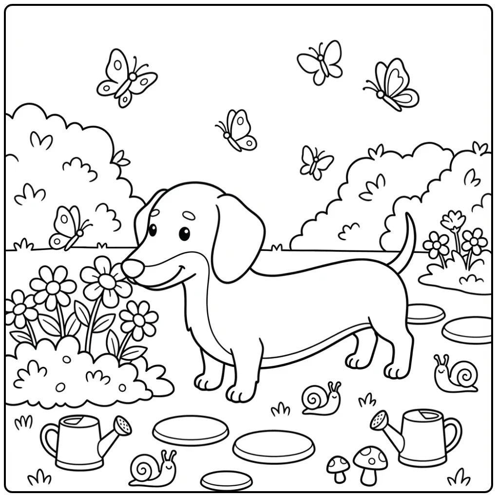 Kleurplaat hond van een teckel die aan bloemen ruikt