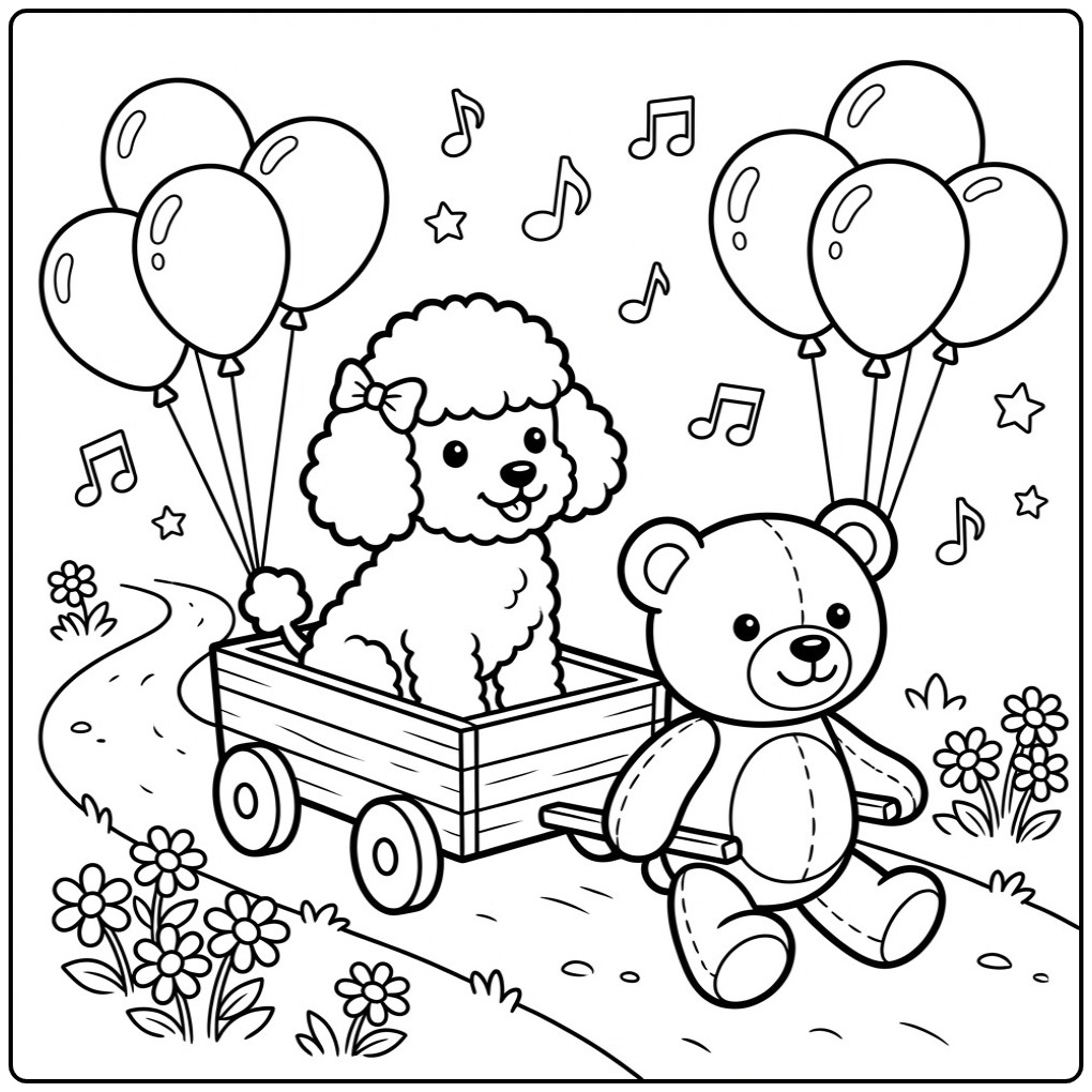 Vrolijke kleurplaat poedel met een teddybeer en ballonnen.