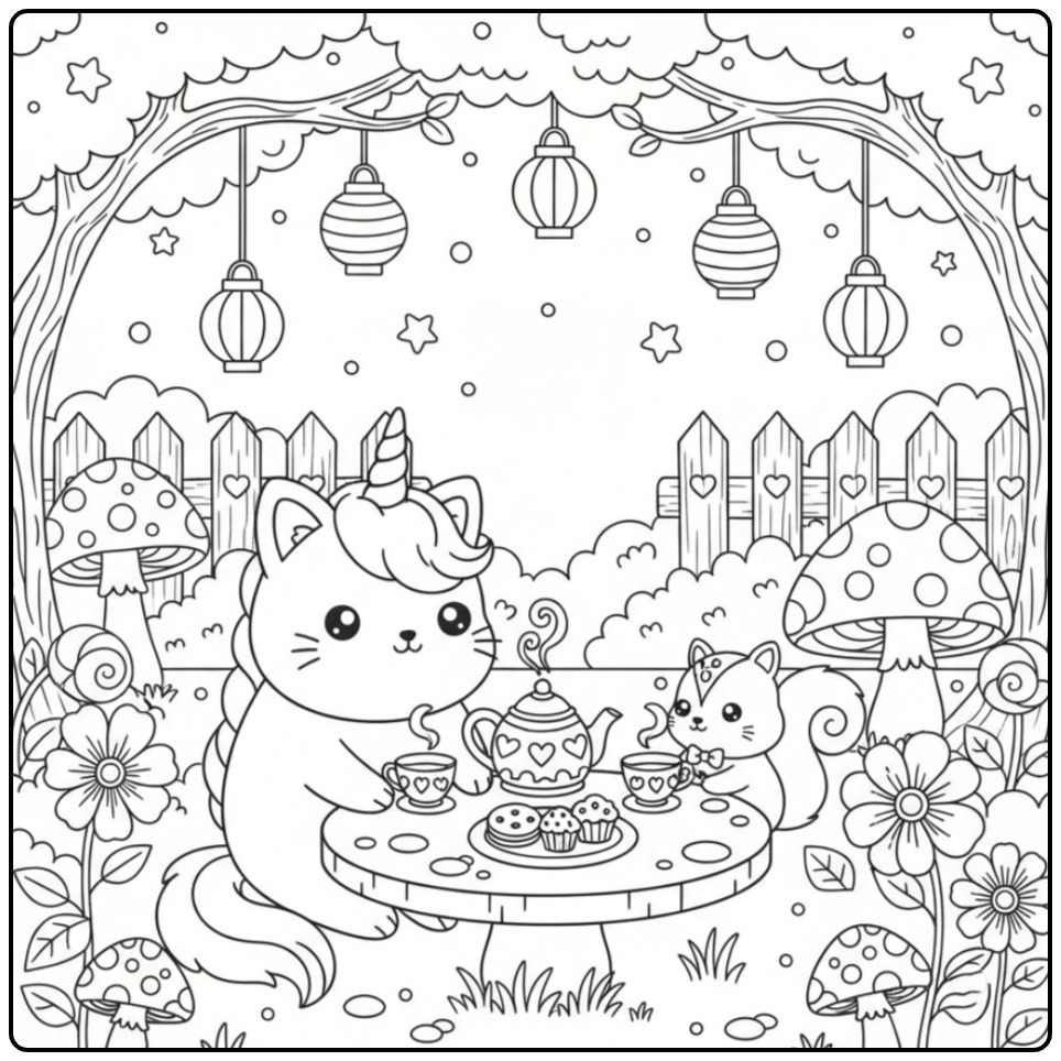 Een schattige Kawaii Eenhoorn kat Kleurplaat met een eekhoorn.