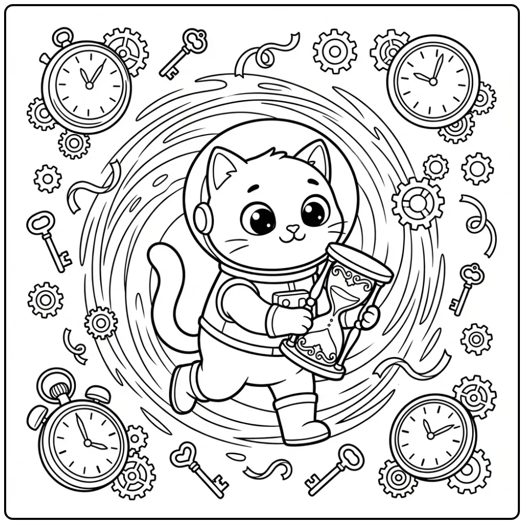 Kleurplaat kat moeilijk met tijdreiziger en klokken.