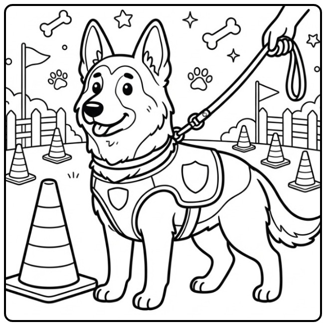 Een blije kleurplaat duitse herder op een trainingsparcours.