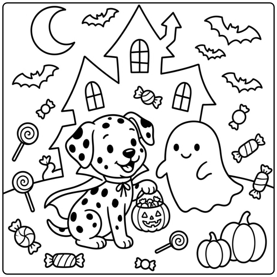 Een schattige kleurplaat dalmatier met een spook voor Halloween.
