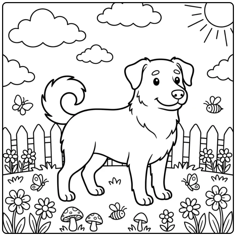 Hollandse Herder kleurplaat hond in een weiland met bloemen