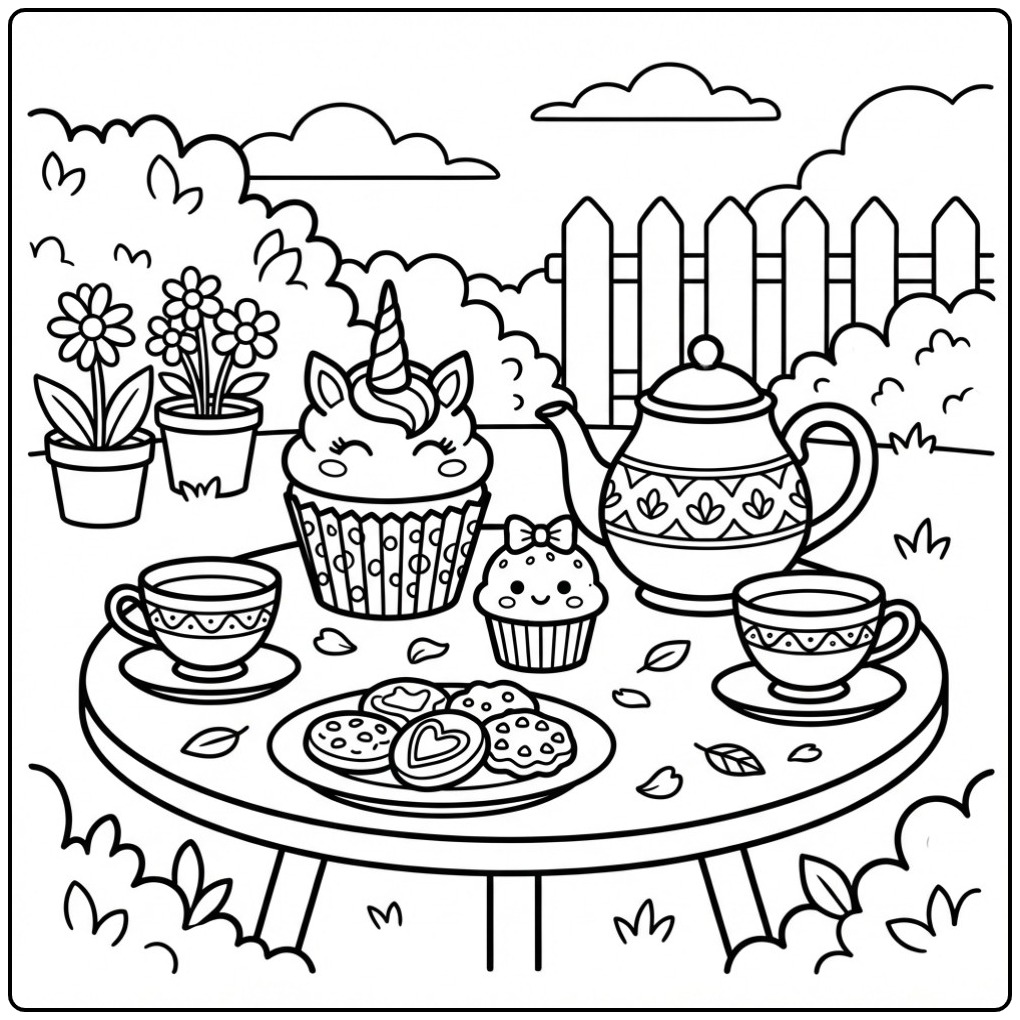 Vrolijk theekransje met een schattige unicorn cupcake kleurplaat.