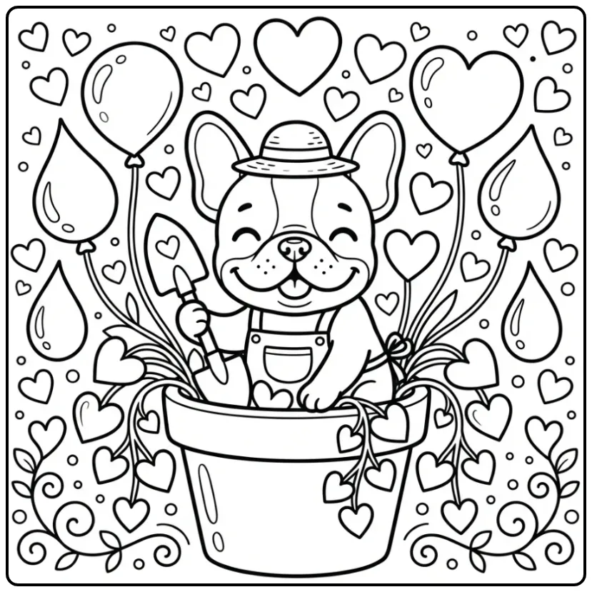 Een schattige Franse Bulldog kleurplaat hond met hartjes.