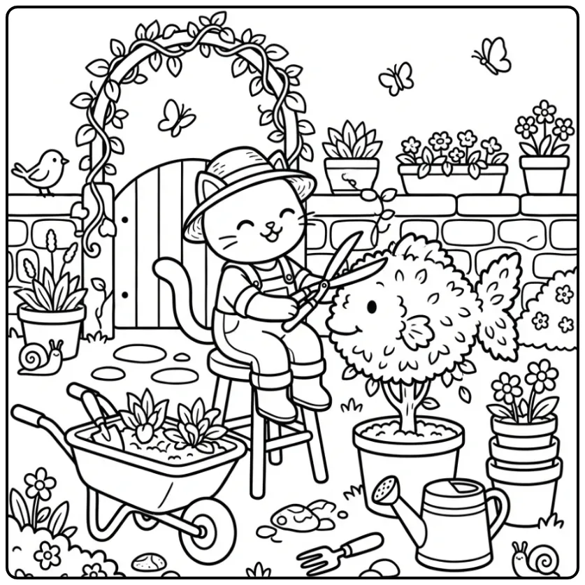 Kleurplaat kat moeilijk snoeit een visvormige struik.