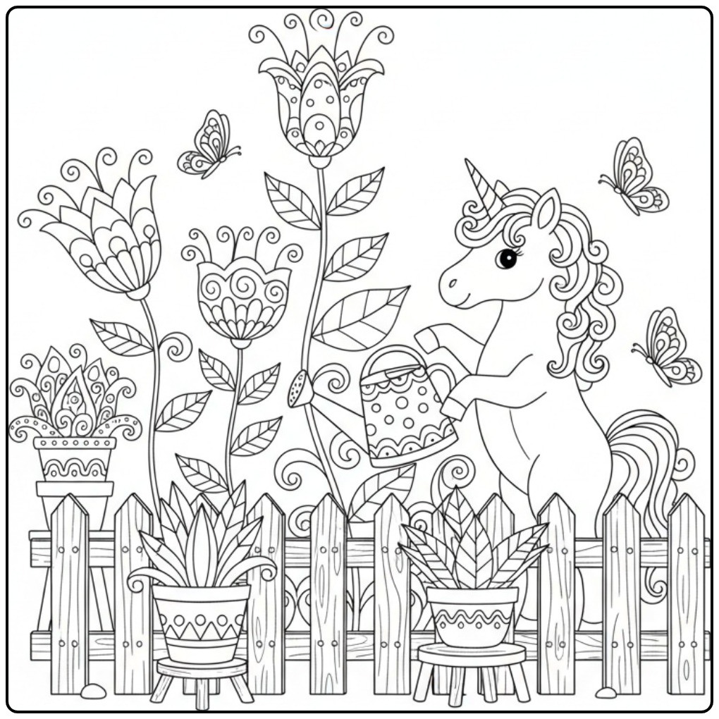 Een lieve kleurplaat eenhoorn schattig in een bloementuin.