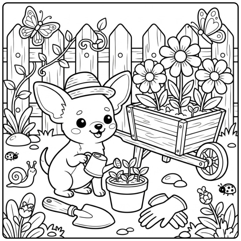 Schattige kleurplaat chihuahua die plantjes water geeft.