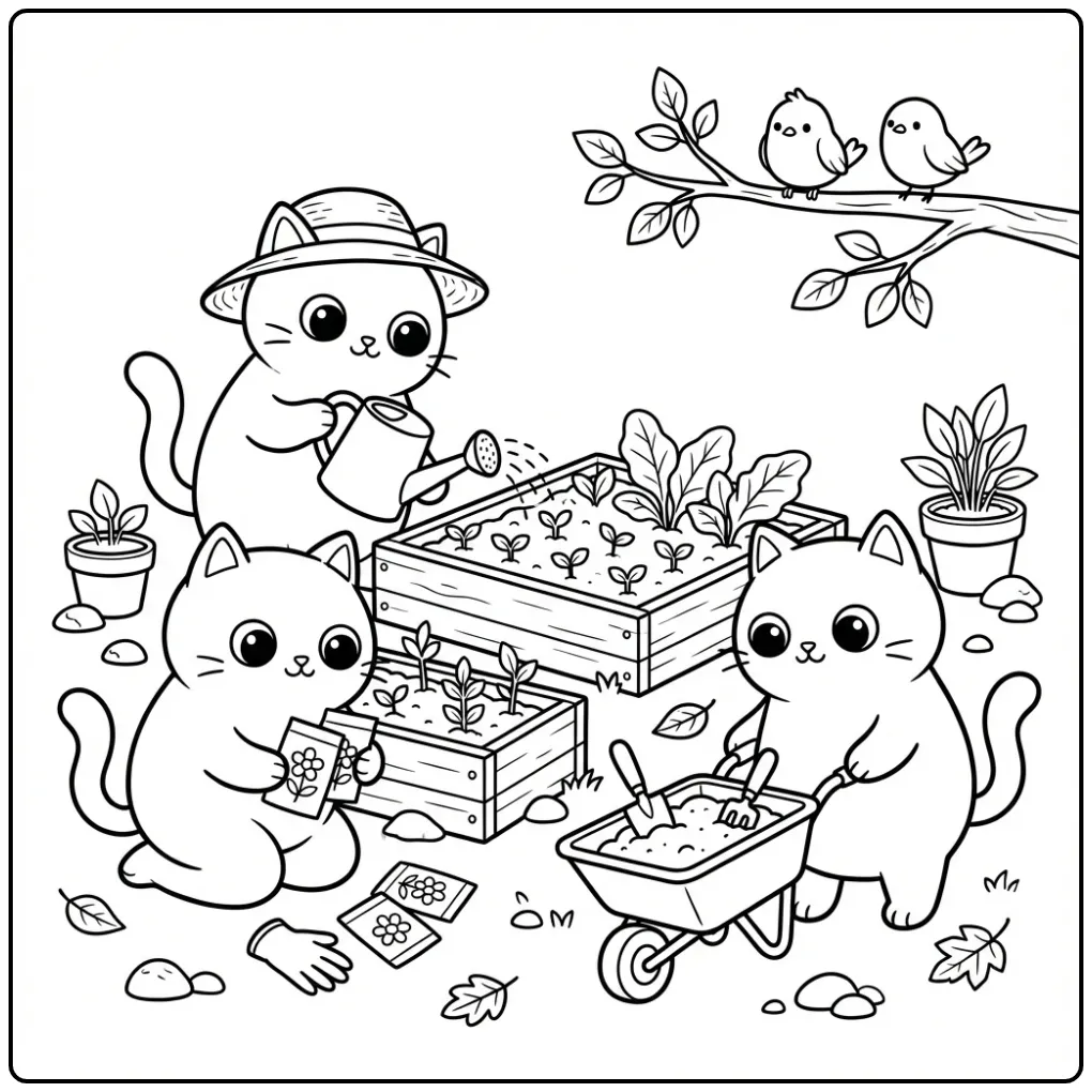 Schattige katten kleurplaat met drie tuinierende katjes.