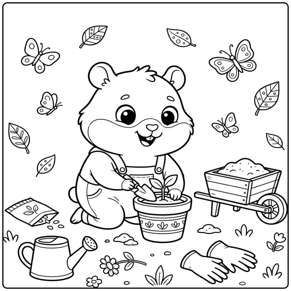 Lieve kleurplaat hamster schattig met schepje en bloempot.