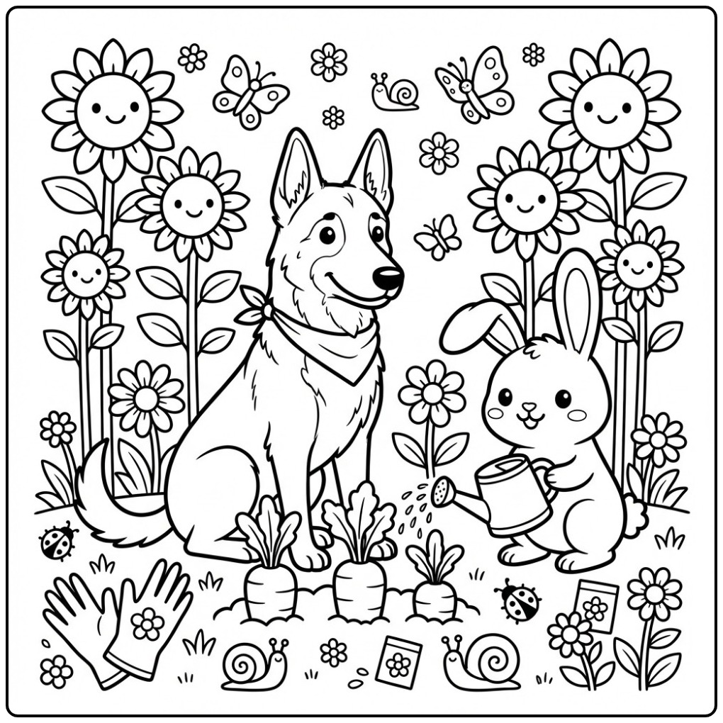 Vrolijke kleurplaat mechelse herder die de moestuin bewaakt.