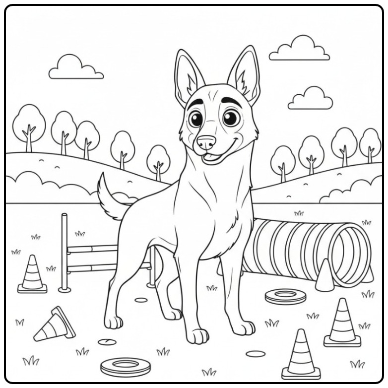 Een Belgische Mechelaar op een trainingsveld kleurplaat hond moeilijk.