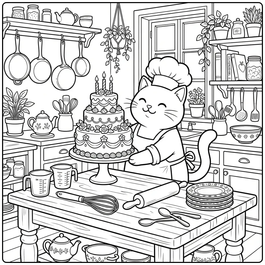 Chef kat met grote taart op kleurplaat kat moeilijk in keuken.