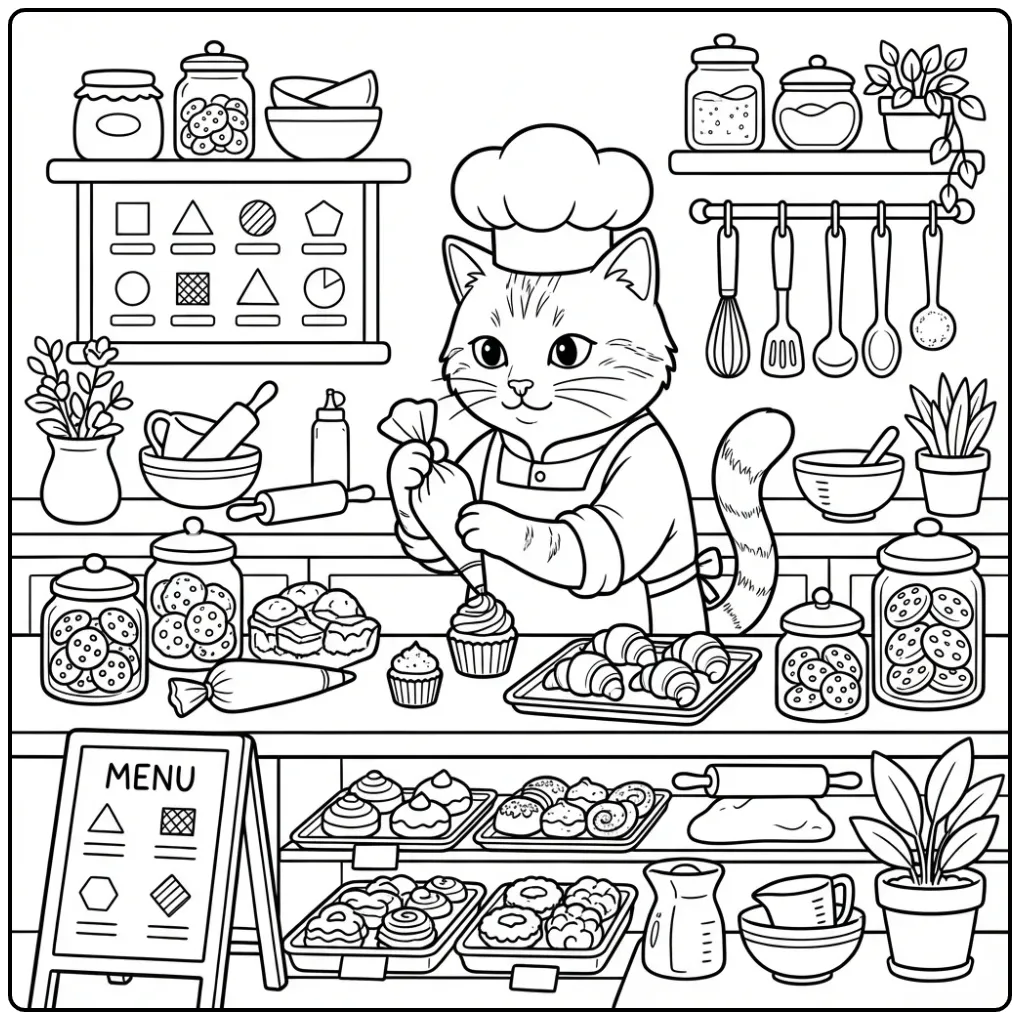 Gedetailleerde kleurplaat kat moeilijk als bakker met taartjes.