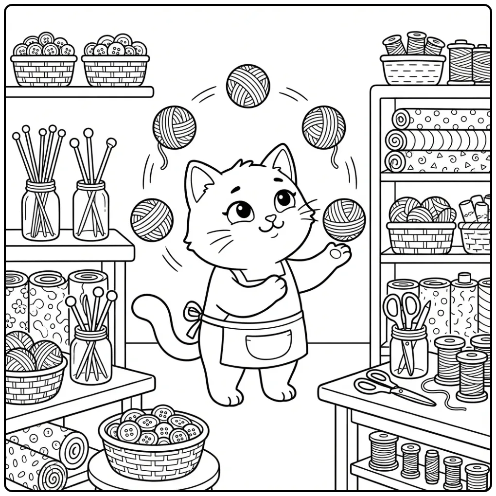 Gedetailleerde kleurplaat kat moeilijk in een naaikamer.