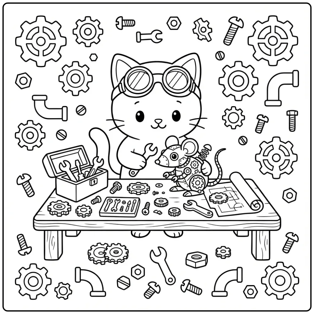 Kleurplaat kitten moeilijk: katje met bril en robotmuis.