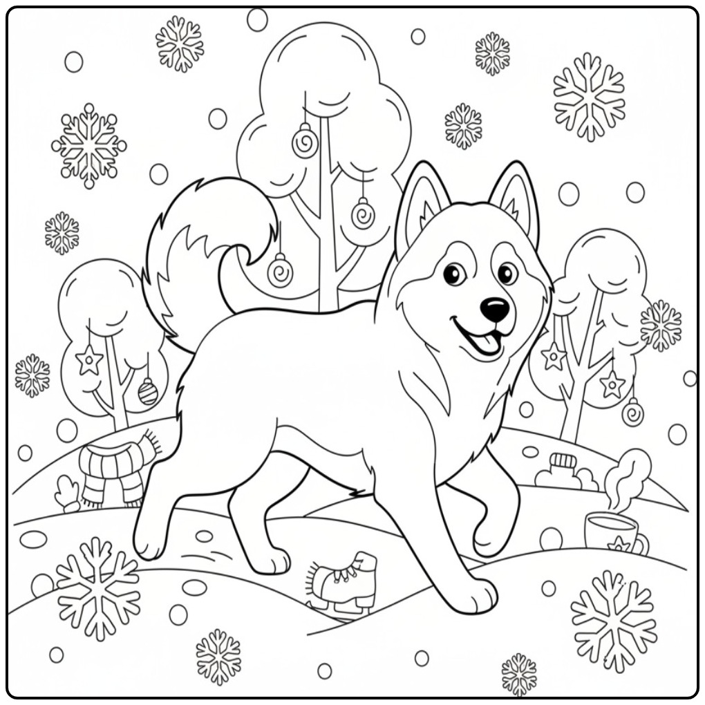 Trotse Husky in een sneeuwveld, een kleurplaat hond moeilijk.