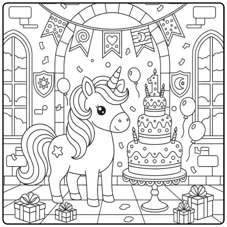 Kleurplaat unicorn verjaardagstaart in een kasteel met cadeautjes.