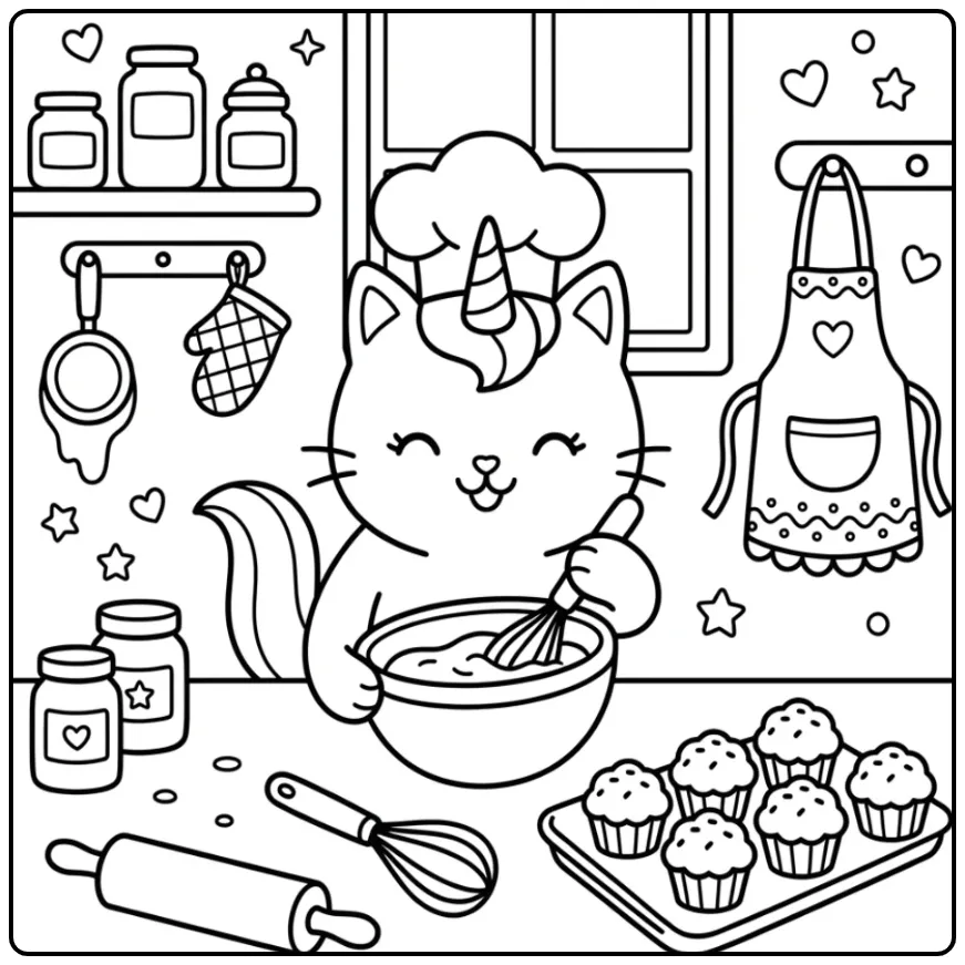 Schattige unicorn kat kleurplaat bakt cupcakes in de keuken