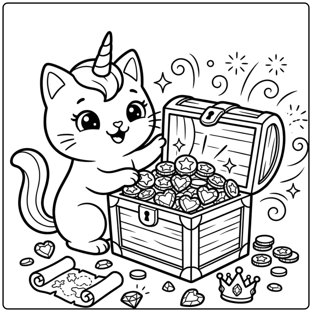 Schattige unicorn kat kleurplaat met een schatkist vol goud