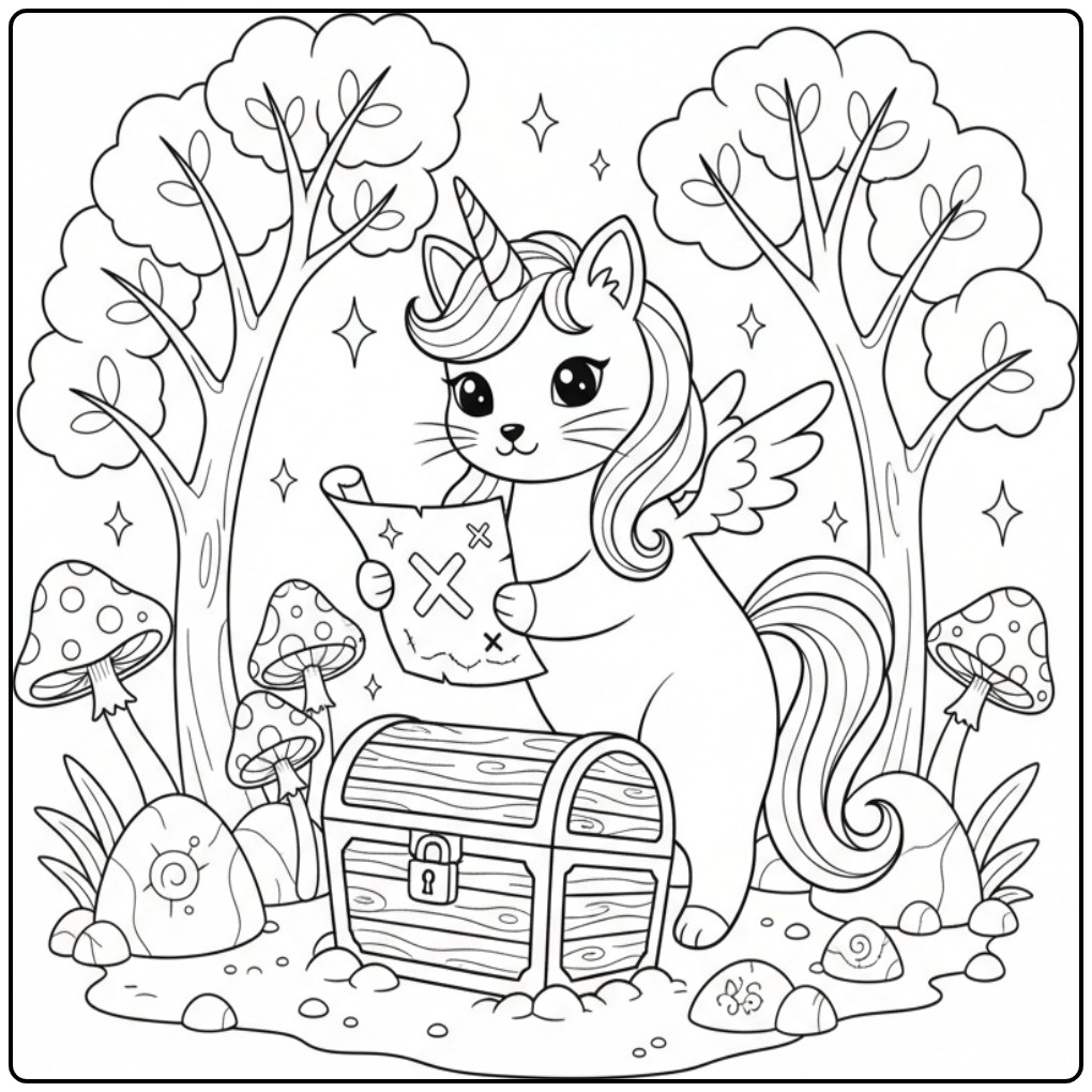 Avontuurlijke unicorn kat kleurplaat met een schatkist.