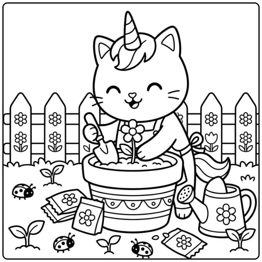 Schattige unicorn kat kleurplaat met schepje en bloempot.