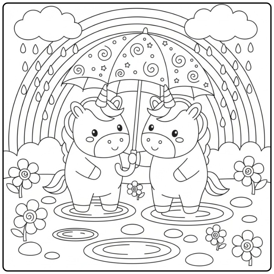 Vriendjes in de regen, een makkelijke unicorn en regenboog kleurplaat.