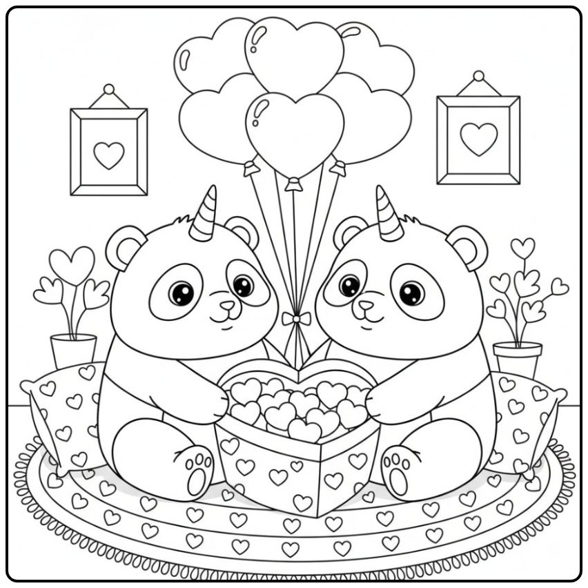 Een lieve kleurplaat unicornpanda hartjes en een doos vol liefde.