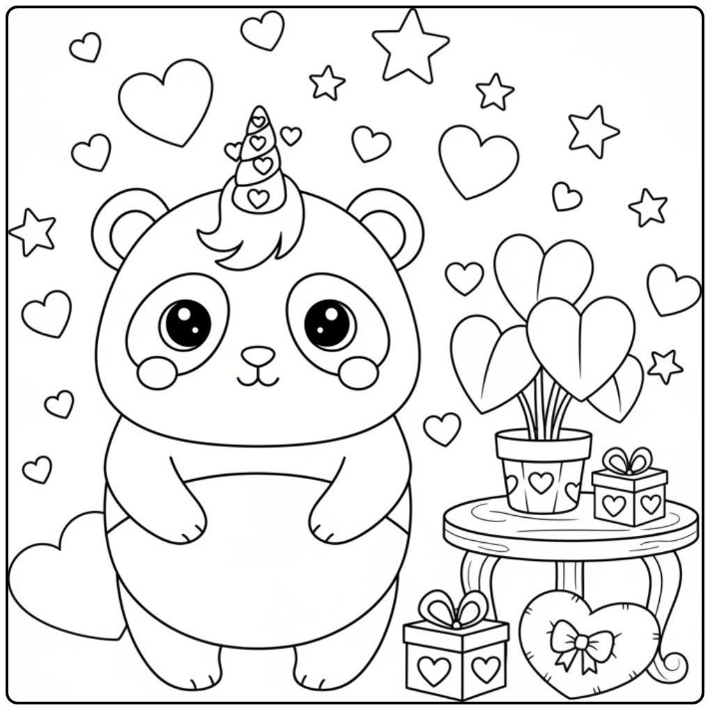 Schattige kleurplaat unicornpanda hartjes en cadeautjes.