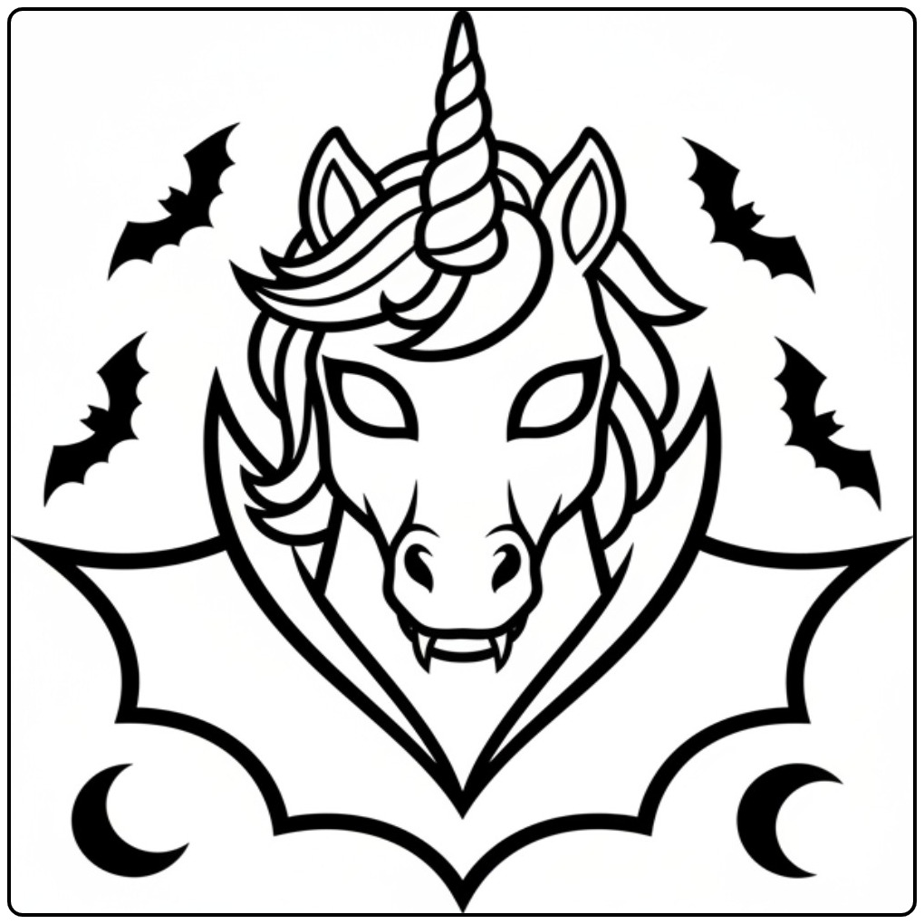 Een enge vampier Kleurplaat unicorn Halloween maskers met vleermuizen.