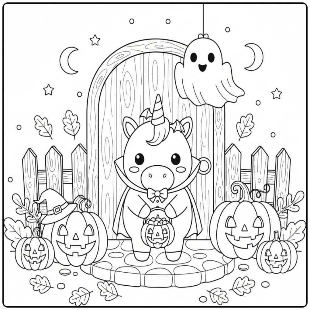 Schattige Kleurplaat baby unicorn Halloween met pompoenen.