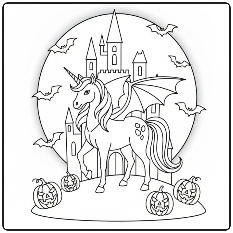 Een enge unicorn halloween kleurplaat met een kasteel en pompoenen.