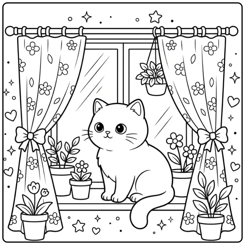 Een kleurplaat kitten schattig op de vensterbank bij planten.