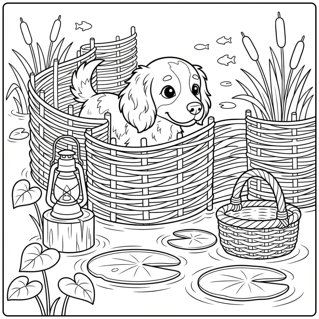 Kooikerhondje bij een eendenkooi, kleurplaat hond volwassenen.