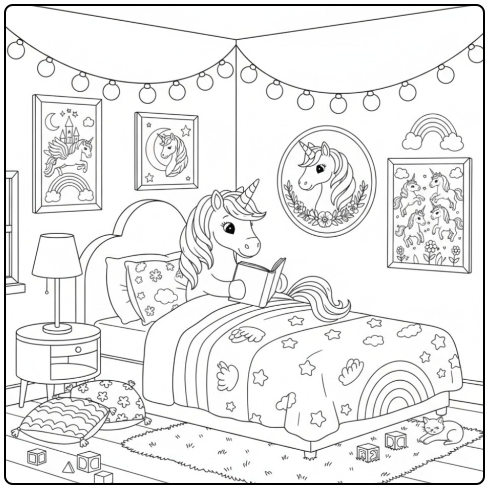 Schattige eenhoorn leest in bed, kleurplaat unicorn regenboog.