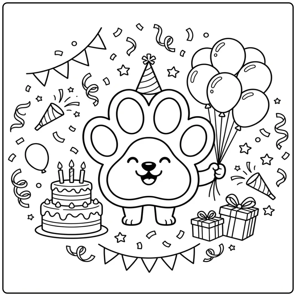 Een feestelijke hondenpoot kleurplaat met ballonnen en taart.