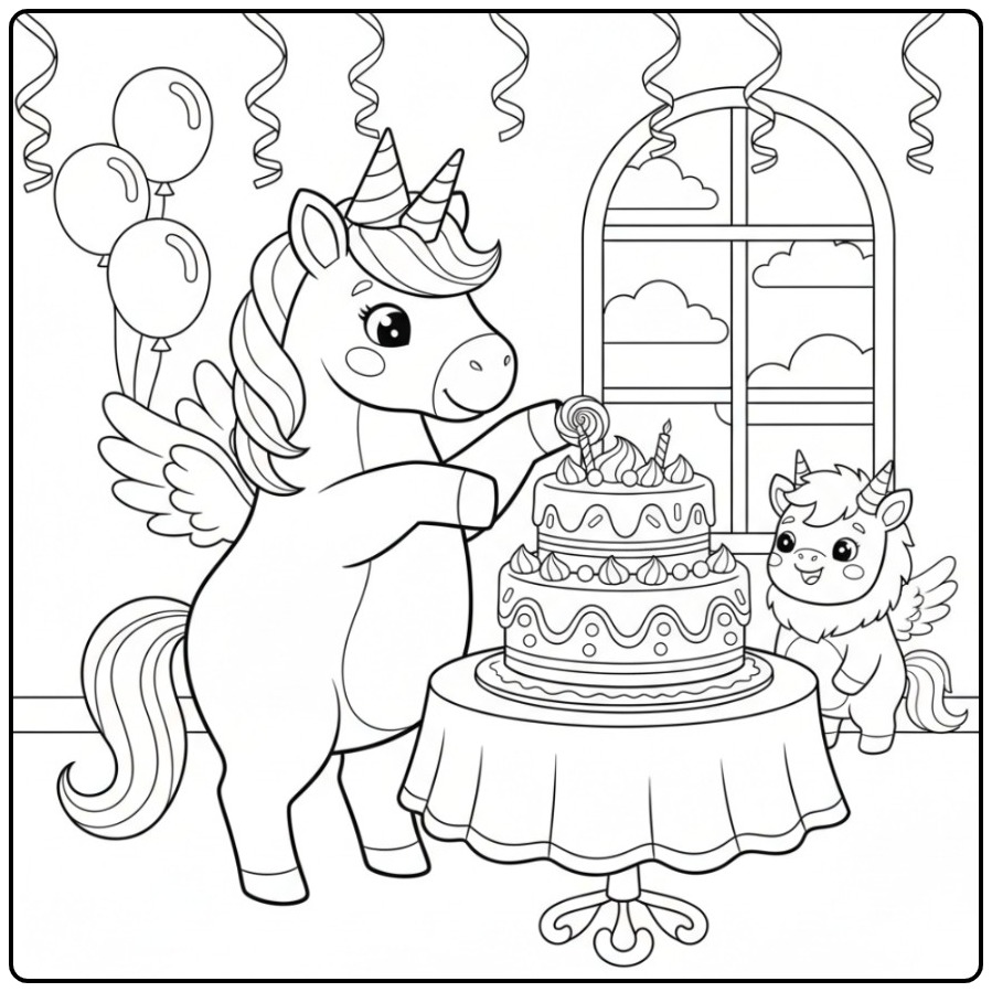 Een feestelijke kleurplaat eenhoorn schattig met een grote taart.